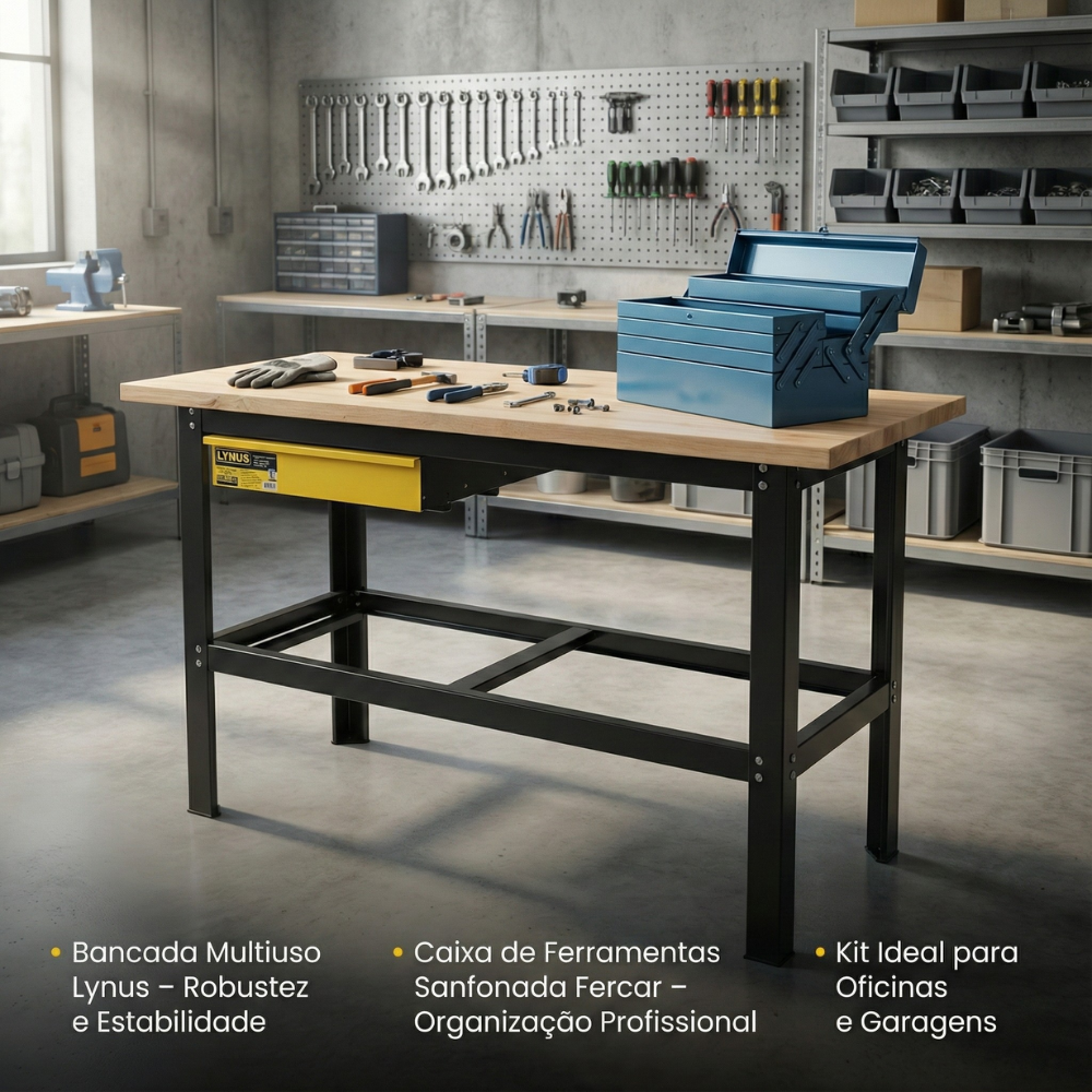 Bancada de Trabalho 1,5m 500kg Com Caixa de Ferramentas Sanfonada Lynus