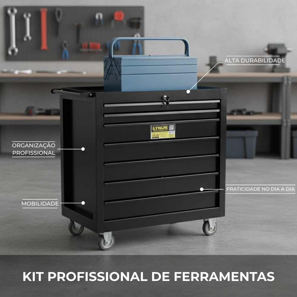 Carrinho de Ferramentas 7 Gavetas Com Caixa Sanfonada 5 Gavetas Lynus