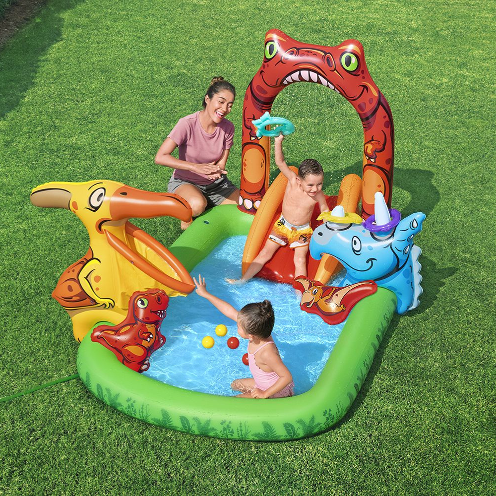 Piscina Inflável Infantil Playground Dinossauro 190 Litros Bestway com Escorregador, Jogos e Acessorios