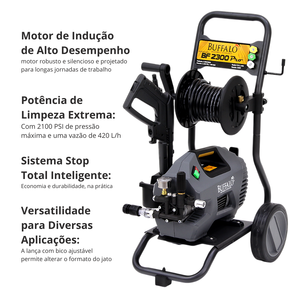 Lavadora de Alta Pressão Profissional Buffalo 2.3HP 2100PSI Motor Indução Stop Total