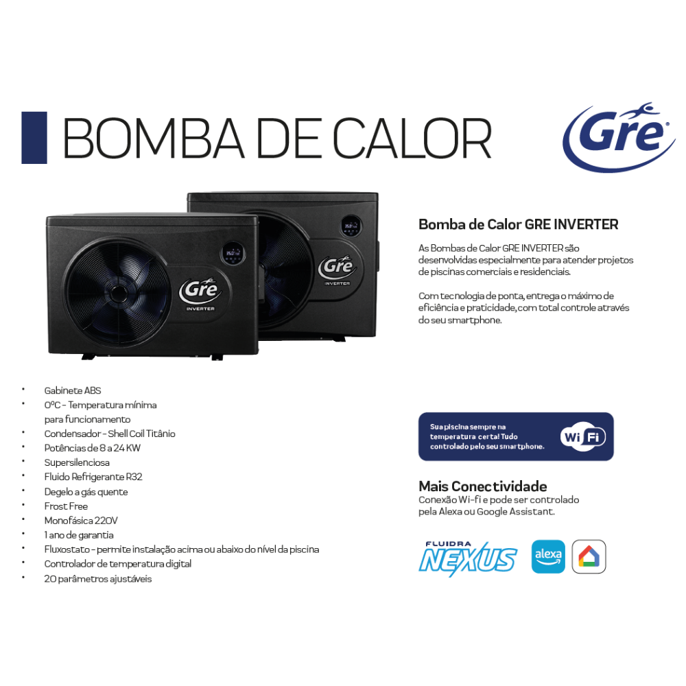 Bomba Trocador De Calor GRE24 Inverter 81.800 Btus Aquecimento Piscinas Até 120.000 Litros 220V