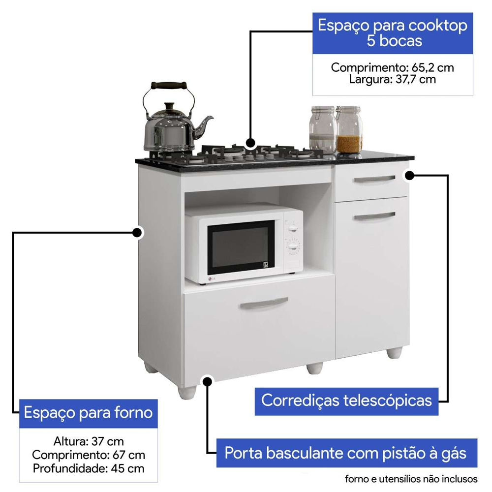 Kit Balcão Cooktop 2 Porta Basculante Violeta Branco com Fogão Cooktop 5 Bocas
