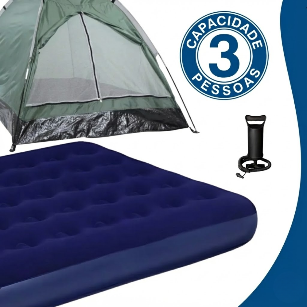 Kit Camping Maxi Com Barraca 3 Pessoas Koala Com Colchão Casal Com Bomba Manual Nautika