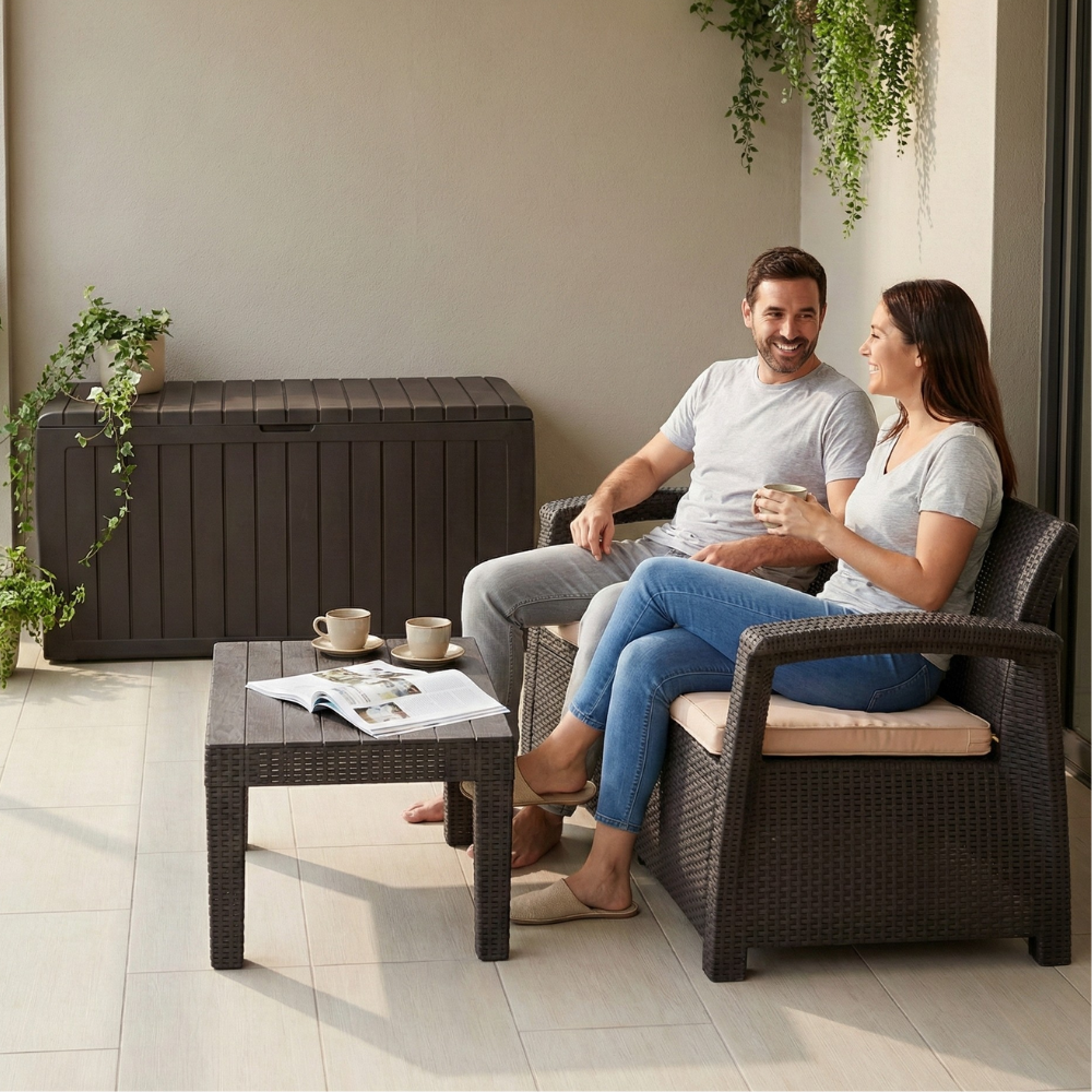 Conjunto Jogo Poltrona 2 Lugares Para Jardim Rattan Com Baú Organizador Syberflex