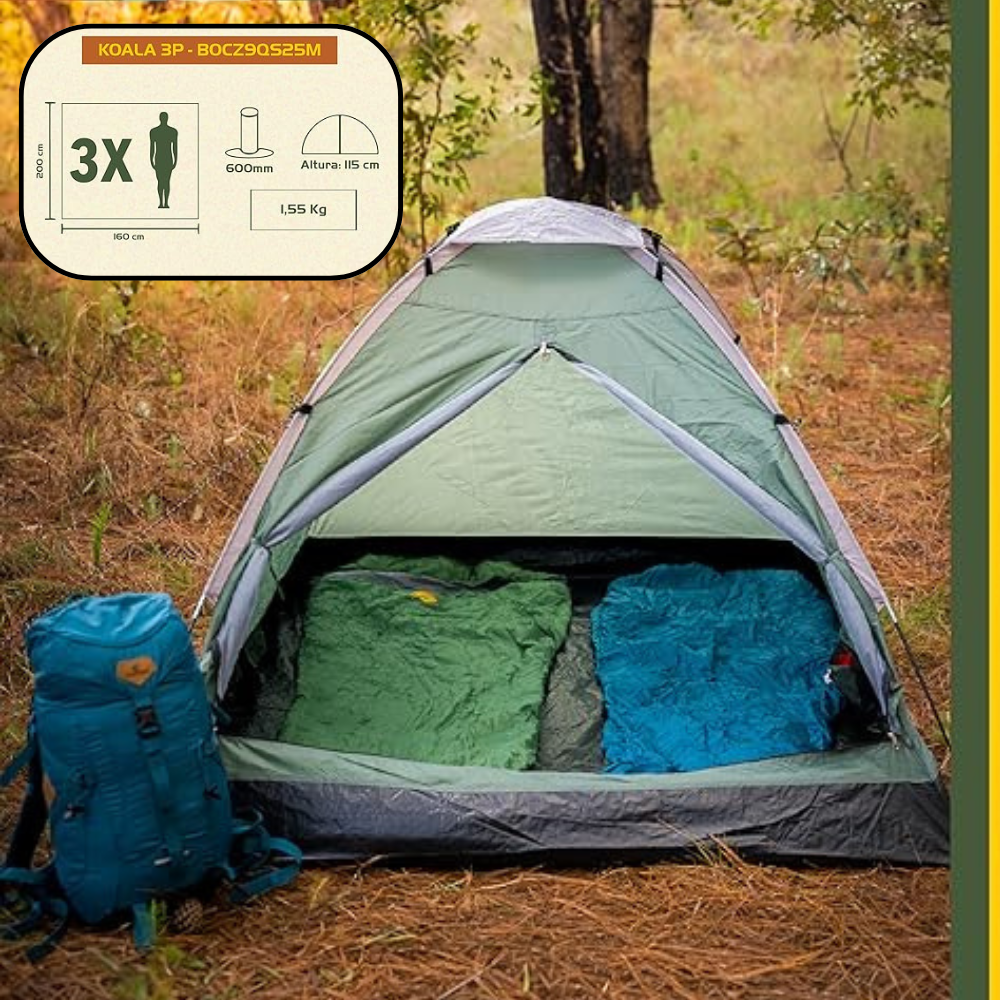 Barraca de Camping Koala 3 Pessoas Verde Guepardo - Leve, Compacta e Rápida de Montar