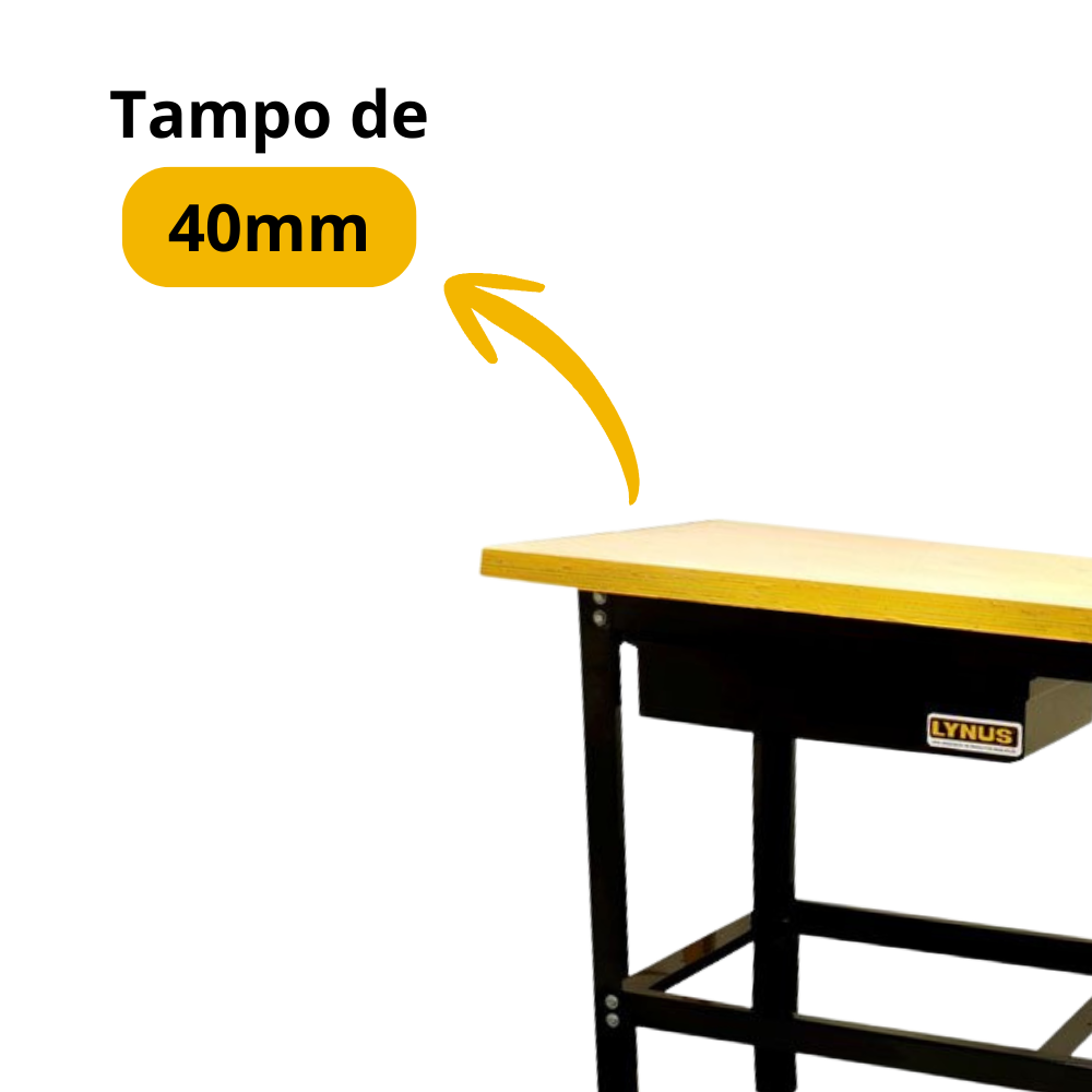 Bancada de Oficina Aberta com 2 Gavetas 400kg 2 Metros Tampo 40mm Lynus