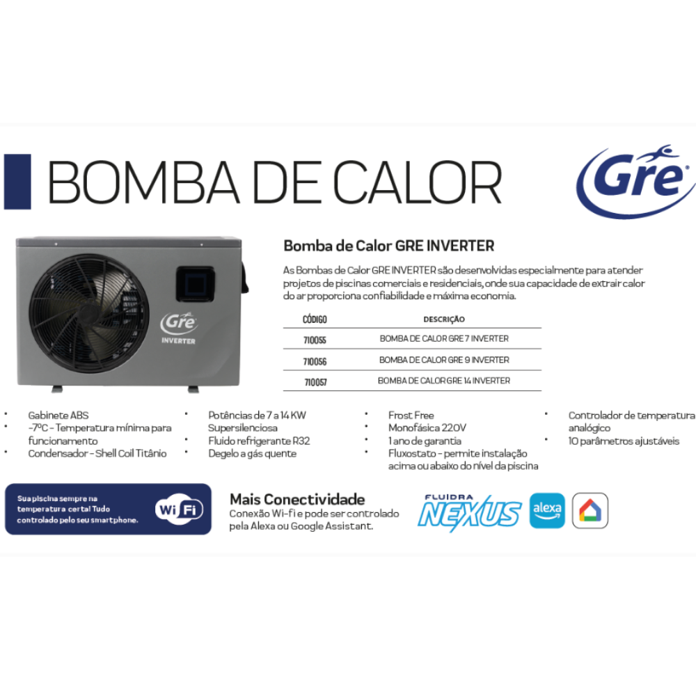 Bomba Trocador de Calor para Piscina GRE 7 Inverter 23.884 BTUS Aquecimento Piscinas Até 40.000 Litros