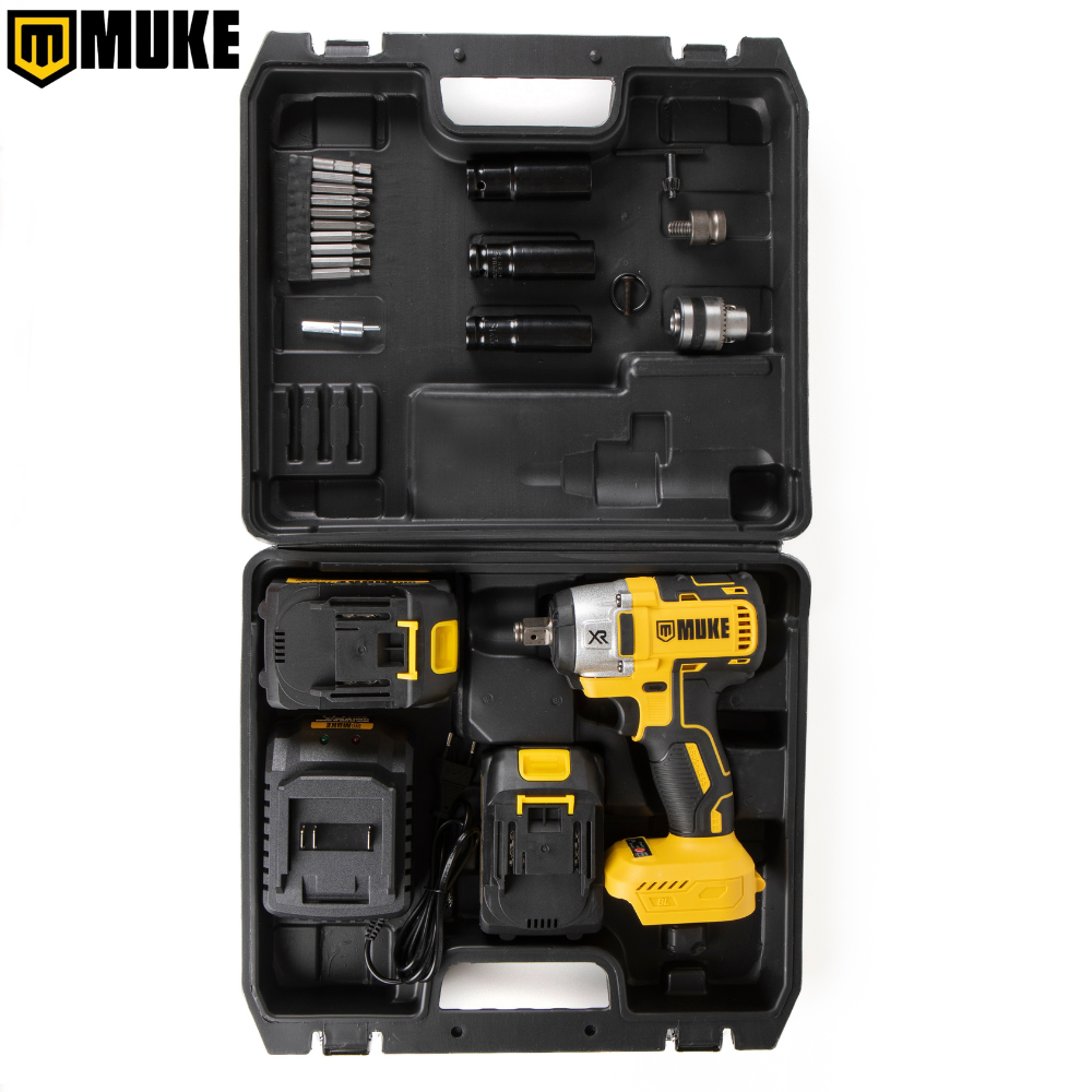 Chave De Impacto 21V 380Nm Brushless com 2 Baterias 3000mAh, Kit 15 acessórios e Maleta Muke Tools