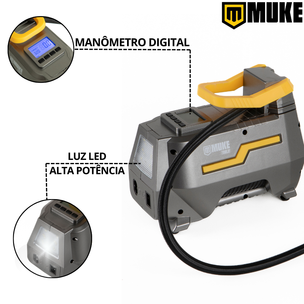 Mini Compressor de Ar Elétrico Portátil Bivolt 110/220V e 12V Muke Tools 120W 150 PSI Para Carro e Casa