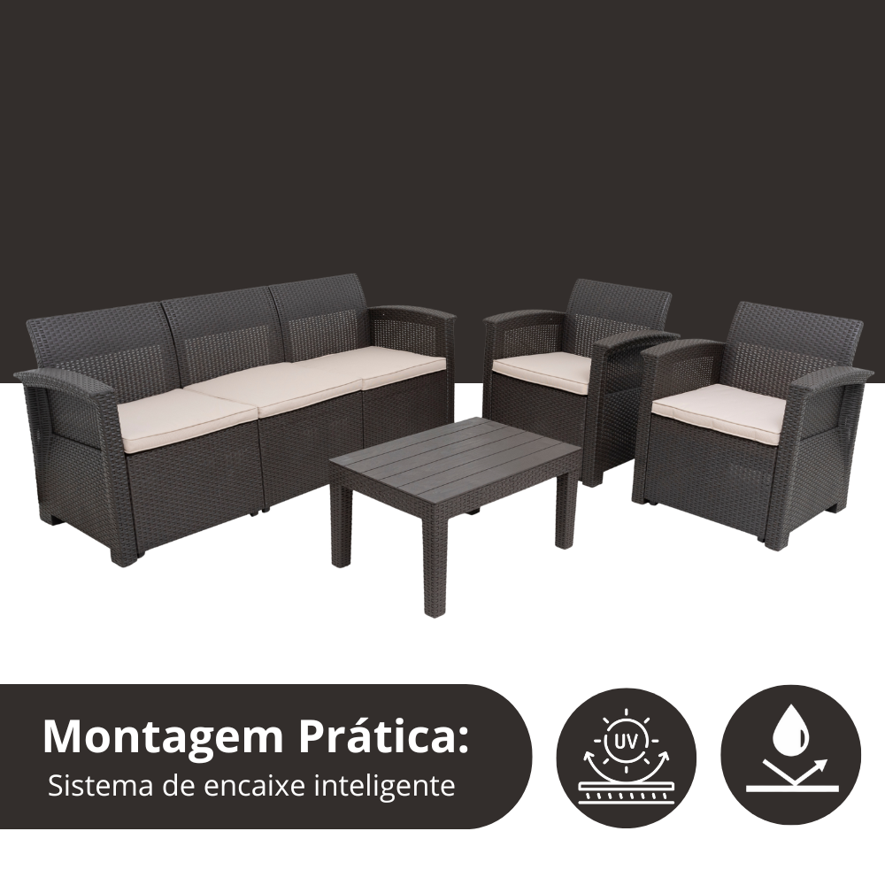Conjunto de Sofá Jardim Rattan 5 Lugares SyberFlex Confort com Mesa e Almofadas