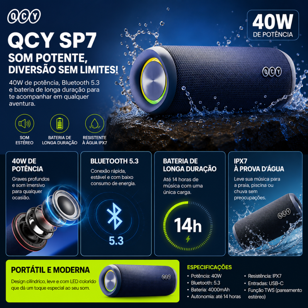Caixa de Som Portátil Bluetooth QCY SP7 40W Stereo Sound IPX7