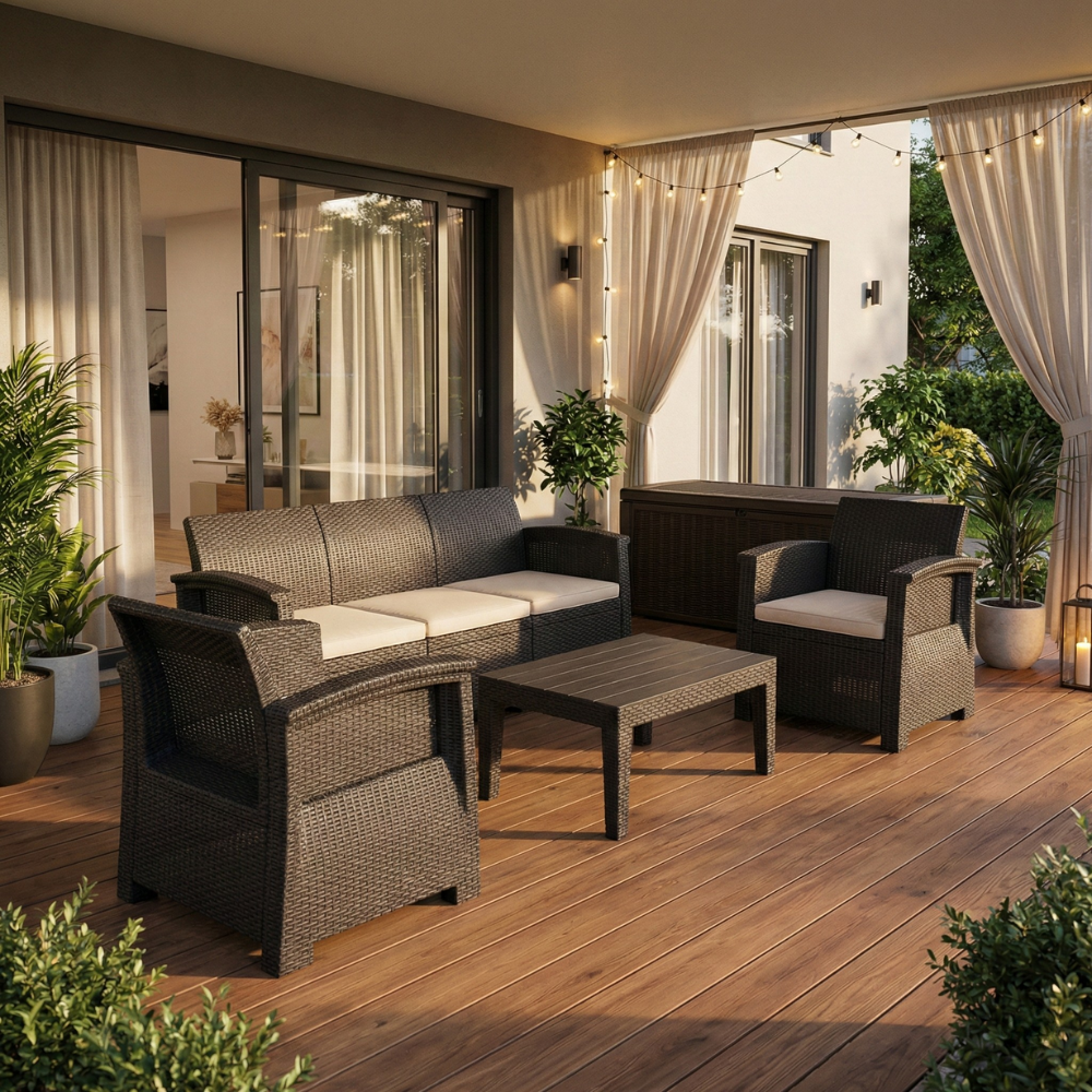 Conjunto Jogo Poltrona 5 Lugares Para Jardim Rattan Com Baú Organizador Syberflex