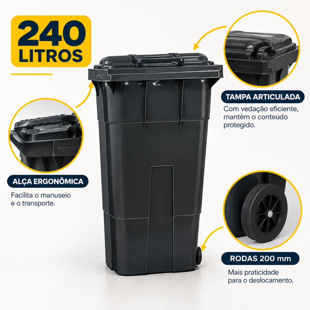 Lixeira Grande Coletora 240 Litros com Rodas e Alça