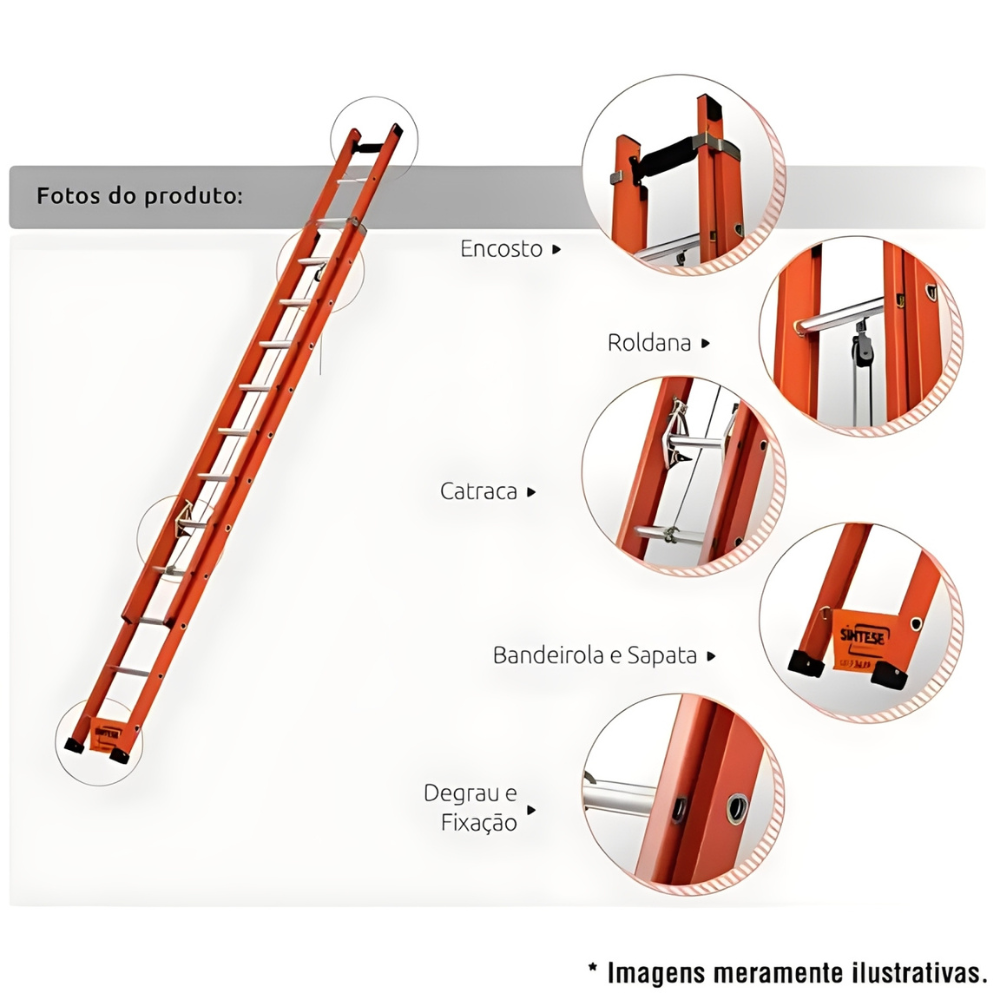Escada de Alumínio e Fibra de Vidro 23 Degraus Extensível 4,20m X 7,20m com D Vazado EAFD-23 Sintese