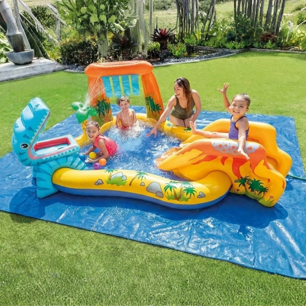 Kit Piscina Playground Dinossauro Intex 310 Litros com Bomba Manual e Forro de Proteção 3x2m