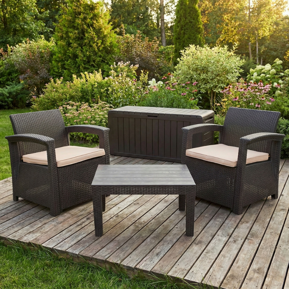 Conjunto Jogo Poltrona 2 Lugares Para Jardim Rattan Com Baú Organizador Syberflex