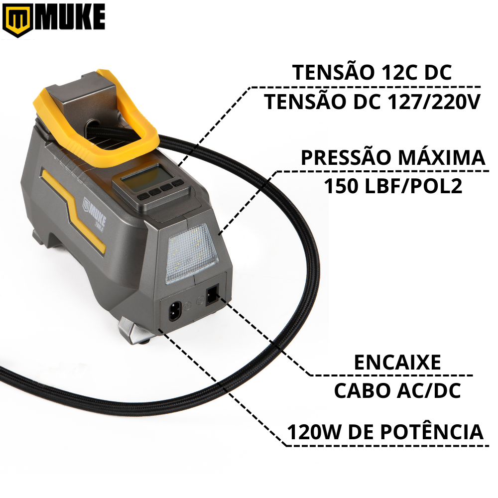 Mini Compressor de Ar Elétrico Portátil Bivolt 110/220V e 12V Muke Tools 120W 150 PSI Para Carro e Casa