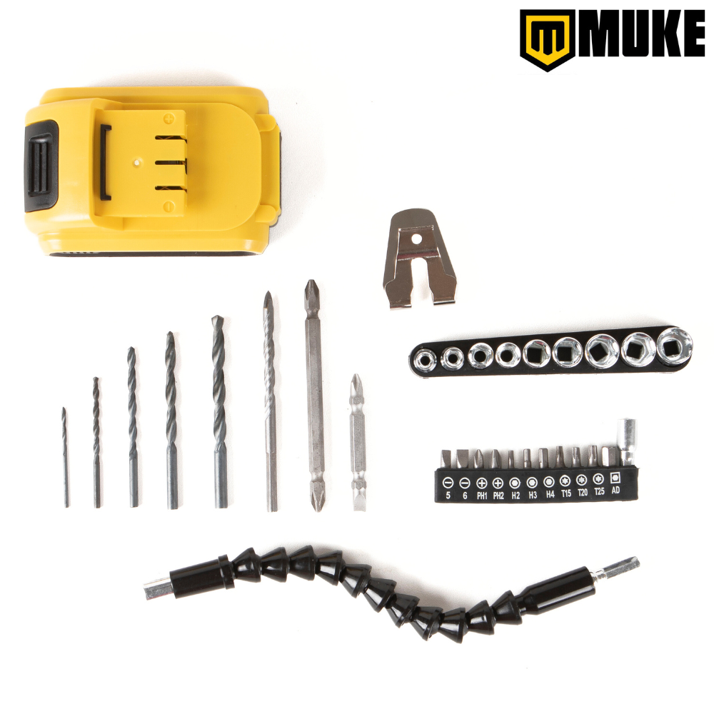 Parafusadeira Furadeira de Impacto a Bateria 21V Muke Tools com 2 Baterias, 30 Acessórios e Maleta