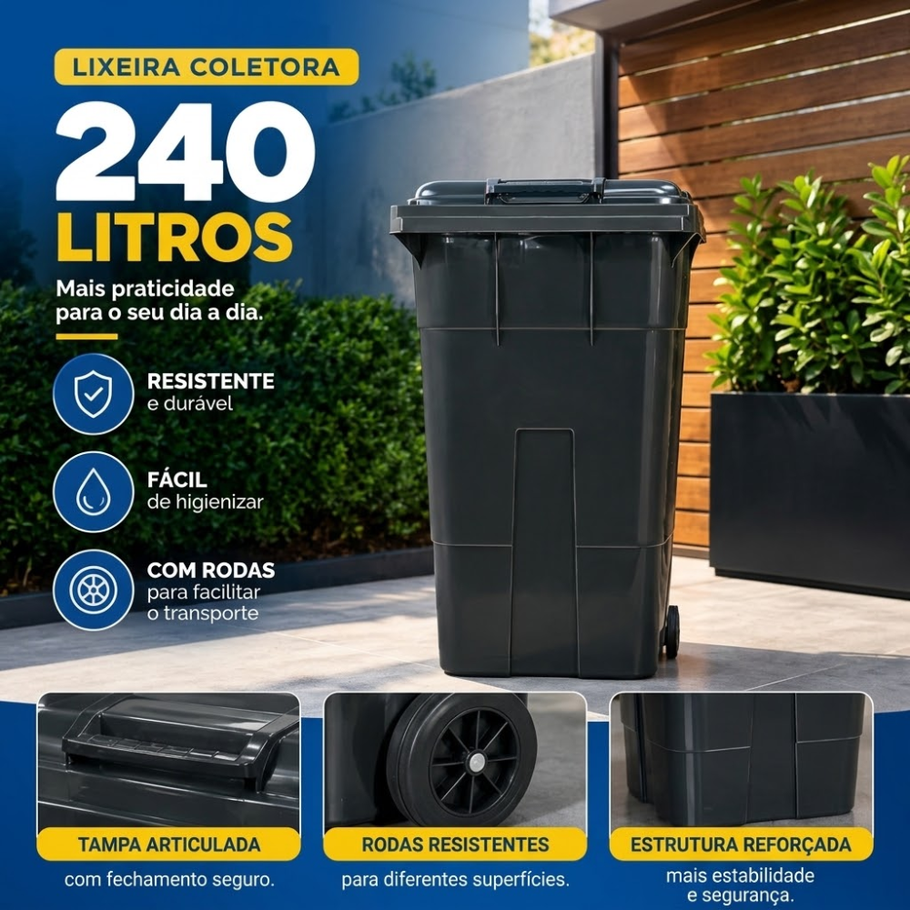 Lixeira Grande Coletora 240 Litros com Rodas e Alça