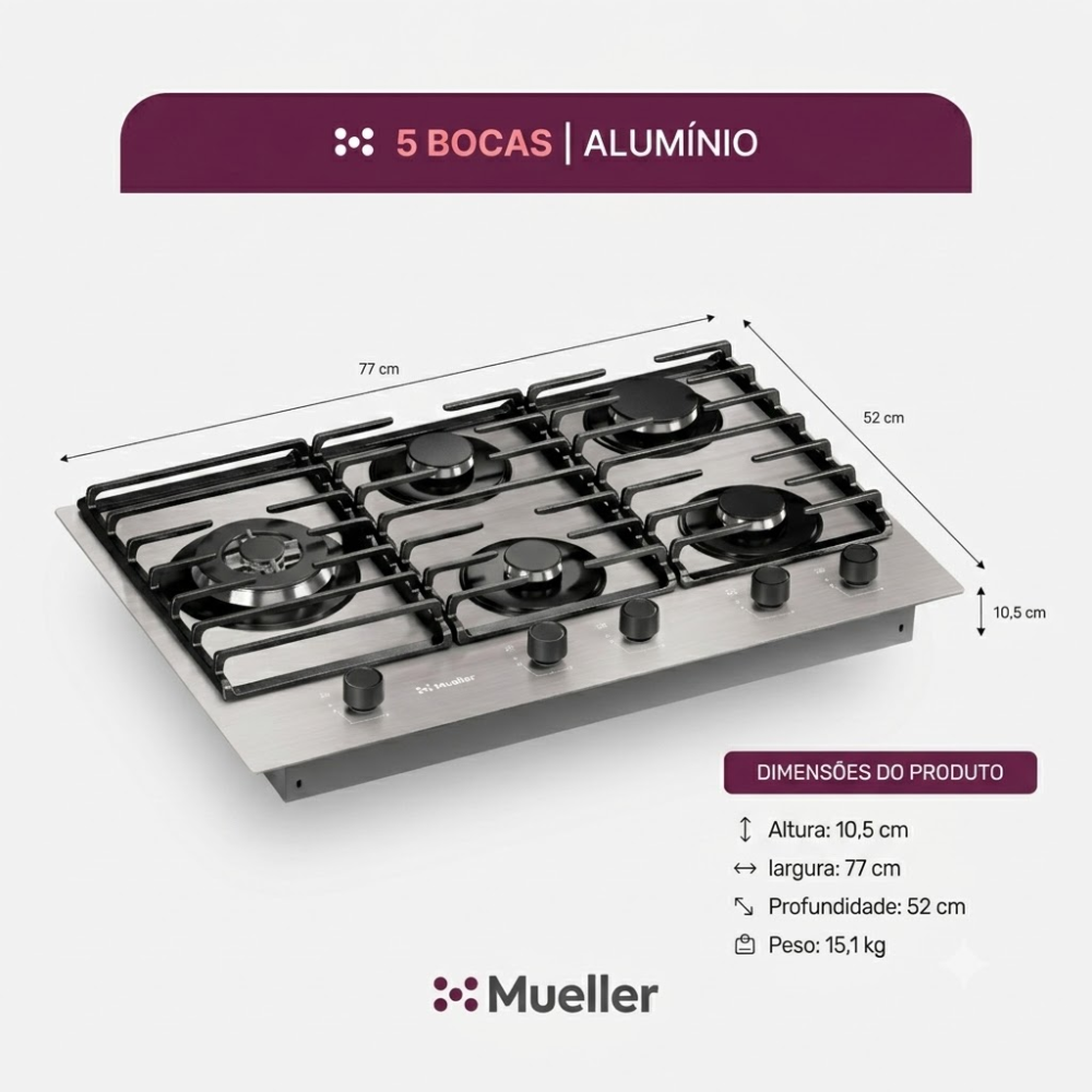 COOKTOP 5 BOCAS A GÁS MUELLER TRIPLA CHAMA MESA DE ALUMÍNIO MCG5BL BIVOLT