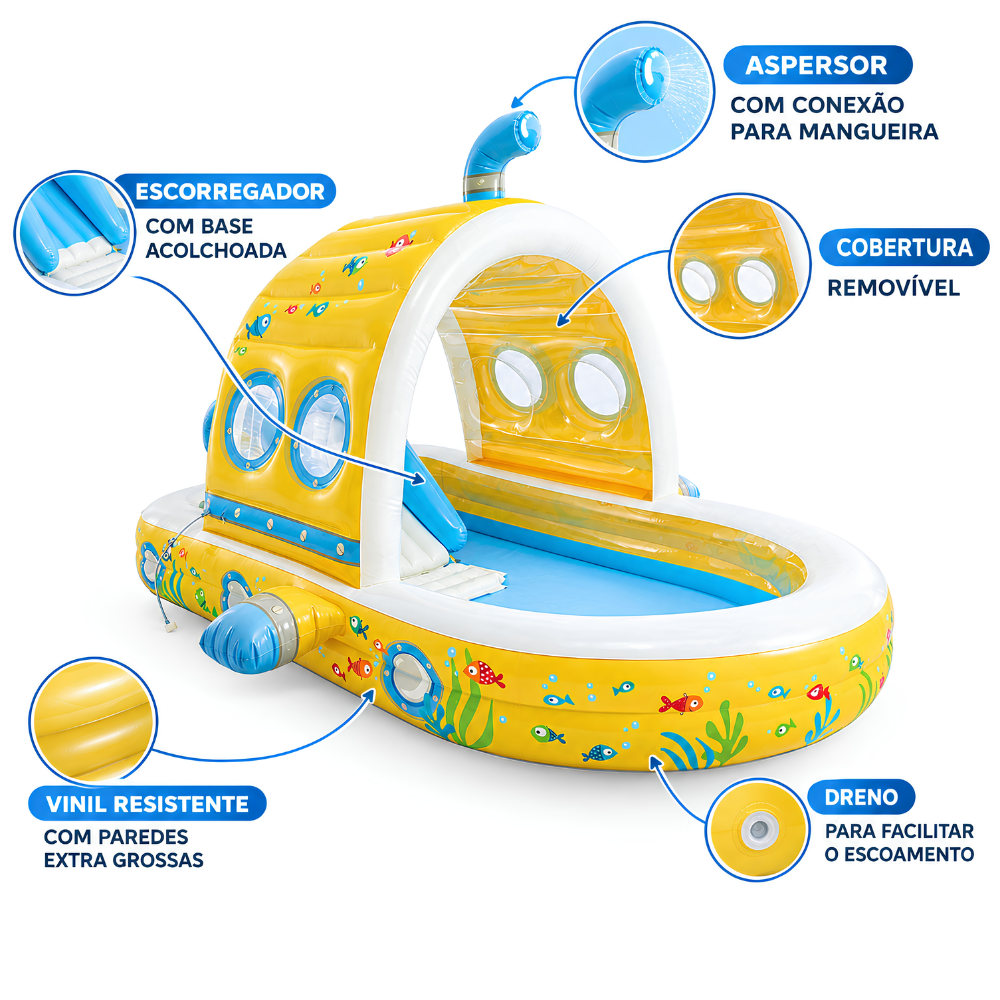 PISCINA INFANTIL PLAYGROUND CENTRO AQUÁTICO SUBMARINO 350 LITROS COM ESCORREGADOR