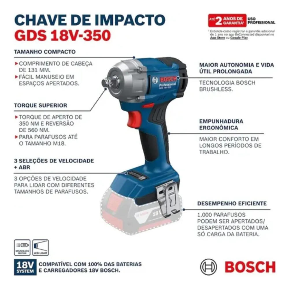 Chave de Impacto a Bateria 18V GDS 18V-350 350Nm Brushless Encaixe 1/2? Bosch