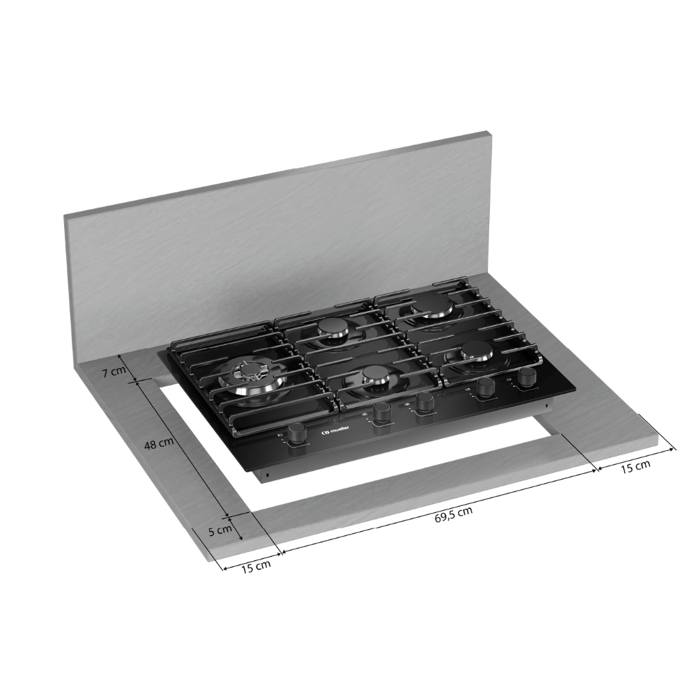 Cooktop Mueller 5 Bocas Vidro Tripla Chama MCG5BM Bivolt