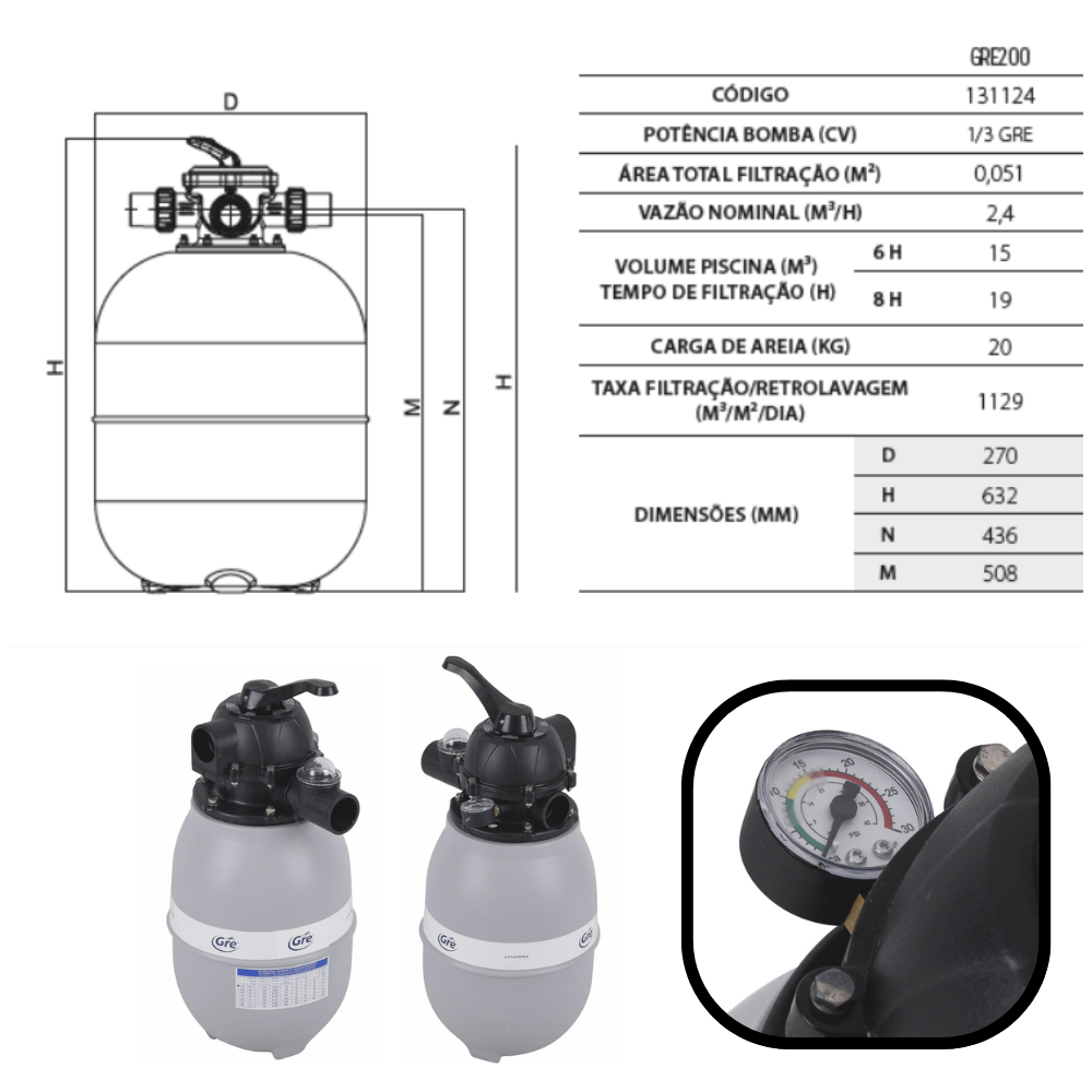 Kit Bomba De Piscina 1/3 Com Filtro GRE200 Até 19.000 Litros