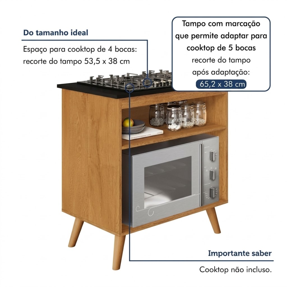 BALCÃO DE COZINHA PARA COOKTOP 4 E 5 BOCAS PARMA NATURE KAIKI