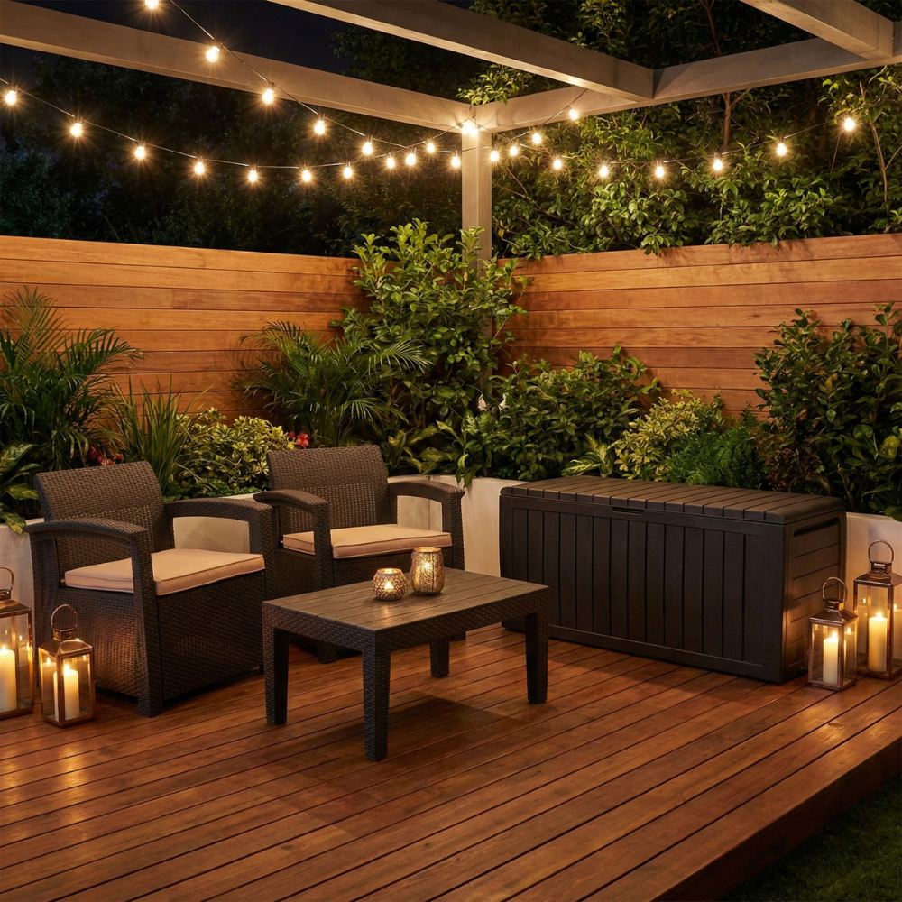 Conjunto Jogo Poltrona 2 Lugares Para Jardim Rattan Com Baú Organizador Syberflex