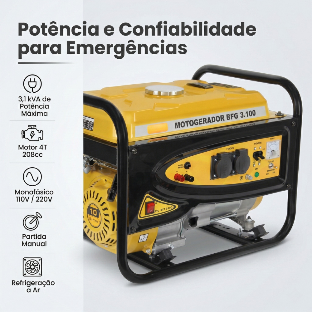 ERADOR À GASOLINA PARTIDA MANUAL 3,1 KVA 110/220V BFG3100 MONOFÁSICO BUFFALO