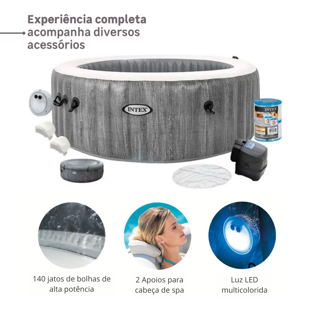 Banheira Spa Inflável Ofurô Intex PureSpa Greywood Deluxe 4 Pessoas 795L com Aquecedor e 140 Jatos