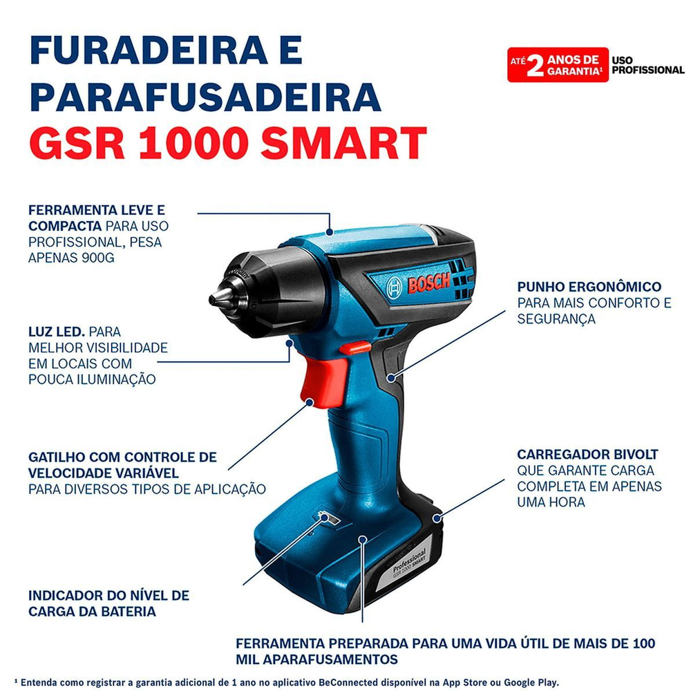 PARAFUSADEIRA E FURADEIRA BOSCH GSR 1000 SMART 12V COM 32 BITS E MALETA