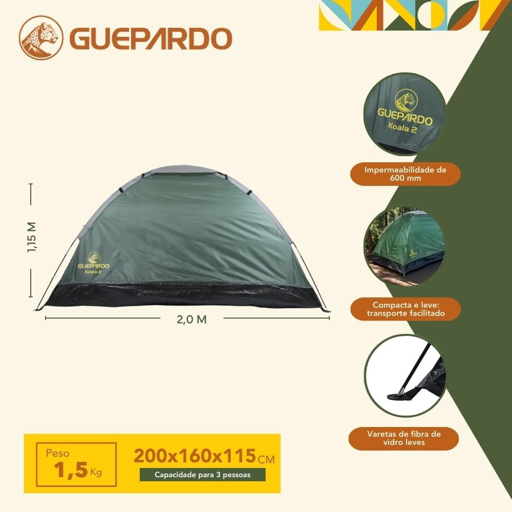 Barraca de Camping Koala 3 Pessoas Verde Guepardo - Leve, Compacta e Rápida de Montar