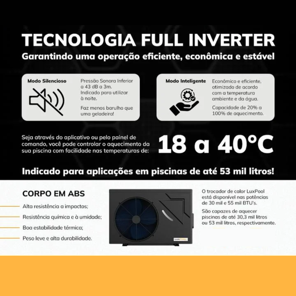 Bomba Trocador De Calor LPE550 Inverter 70.700 BTUs Aquecedor Piscinas Ate 70.000 Litros Wi-Fi