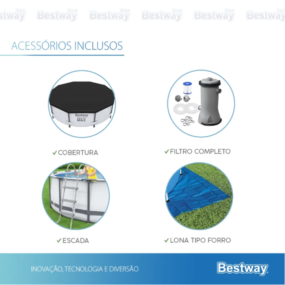 Piscina Estrutural Bestway Steel Pro MAX 9.150L com Escada, Capa, Forro e Filtro 2.006 L/h