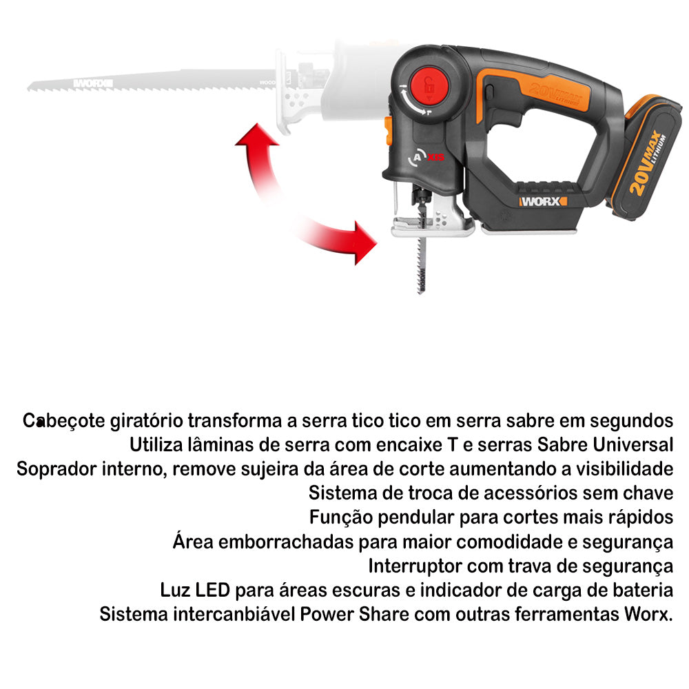 Serra Tico Tico Sabre 2 em 1 à Bateria 20v Bivolt Wx550 Worx