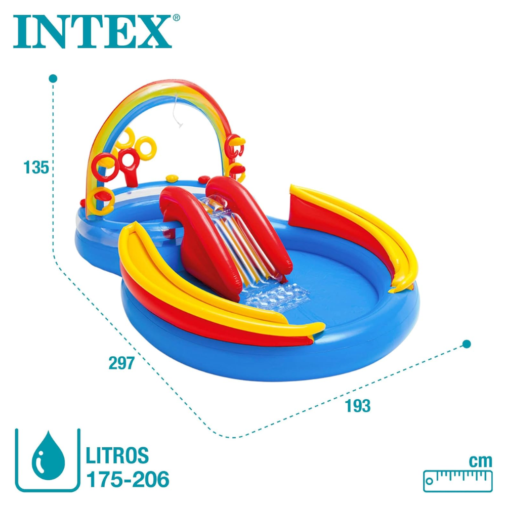 Kit Piscina Playground Arco-Íris 227 Litros Com Tobogã Com Bomba Manual Intex