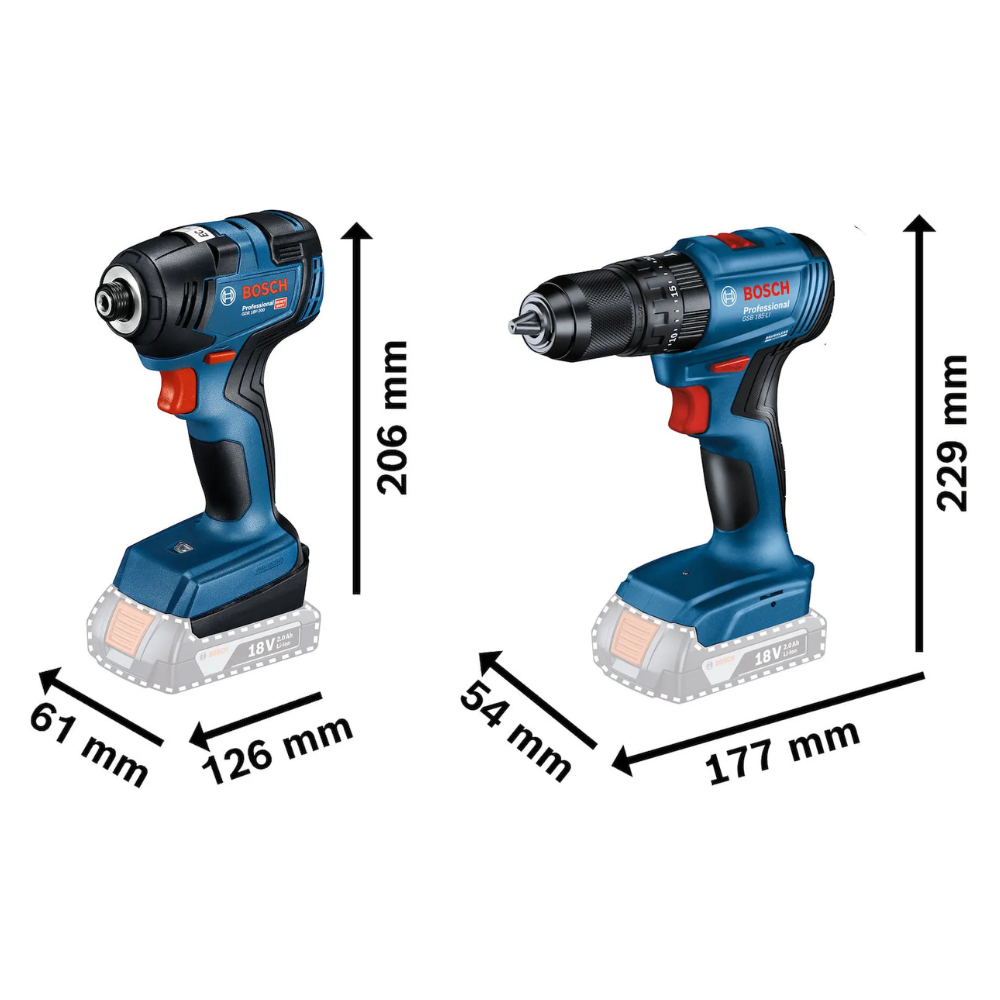Combo Bosch Furadeira de Impacto GSB 185-LI com Chave de Impacto GDR 18V-200 e 2 Baterias