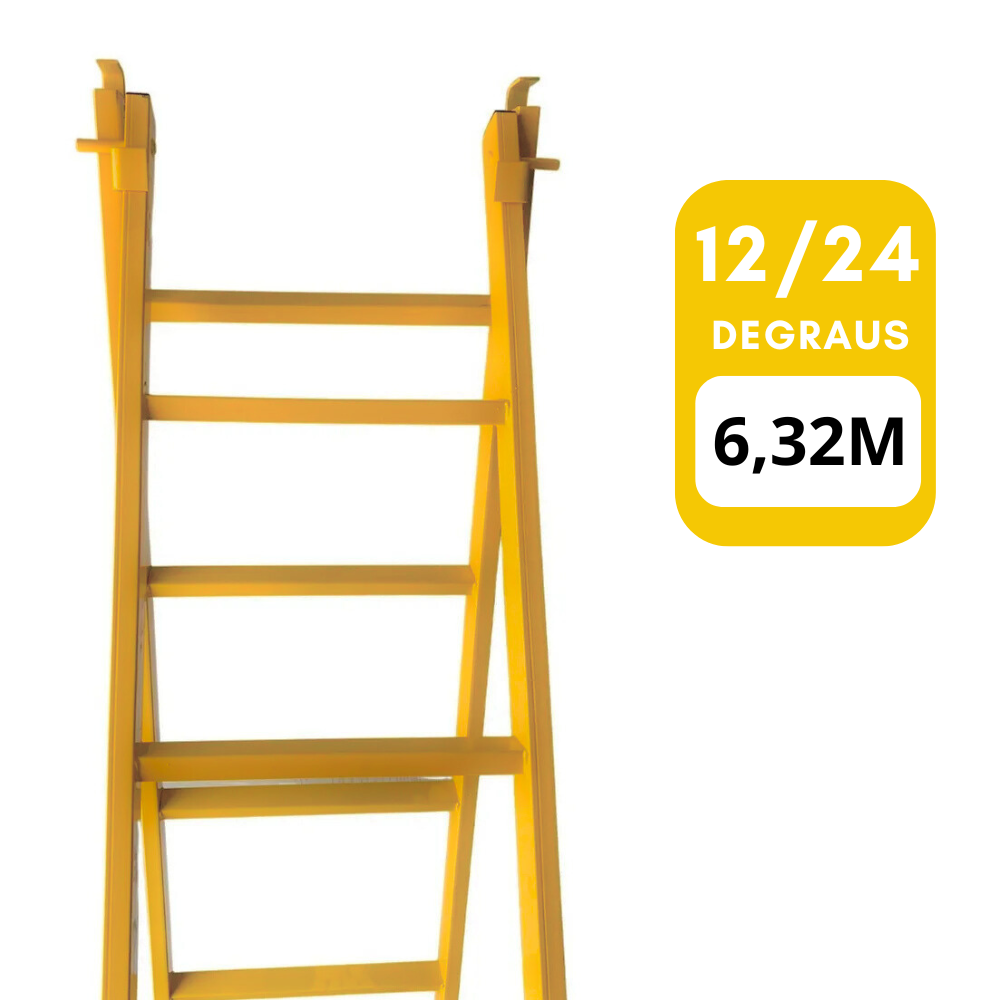 Escada Extensiva 12/24 Degraus 6,32 metros Multifuncional 3 em 1 em Aço