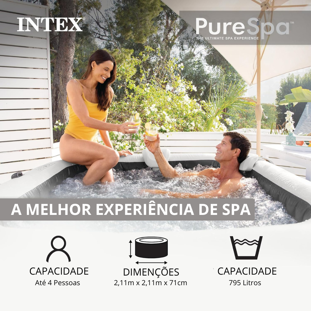 Banheira Spa Inflável Ofurô Intex PureSpa Greystone Deluxe 4 Pessoas 795L com Aquecedor e 140 Jatos