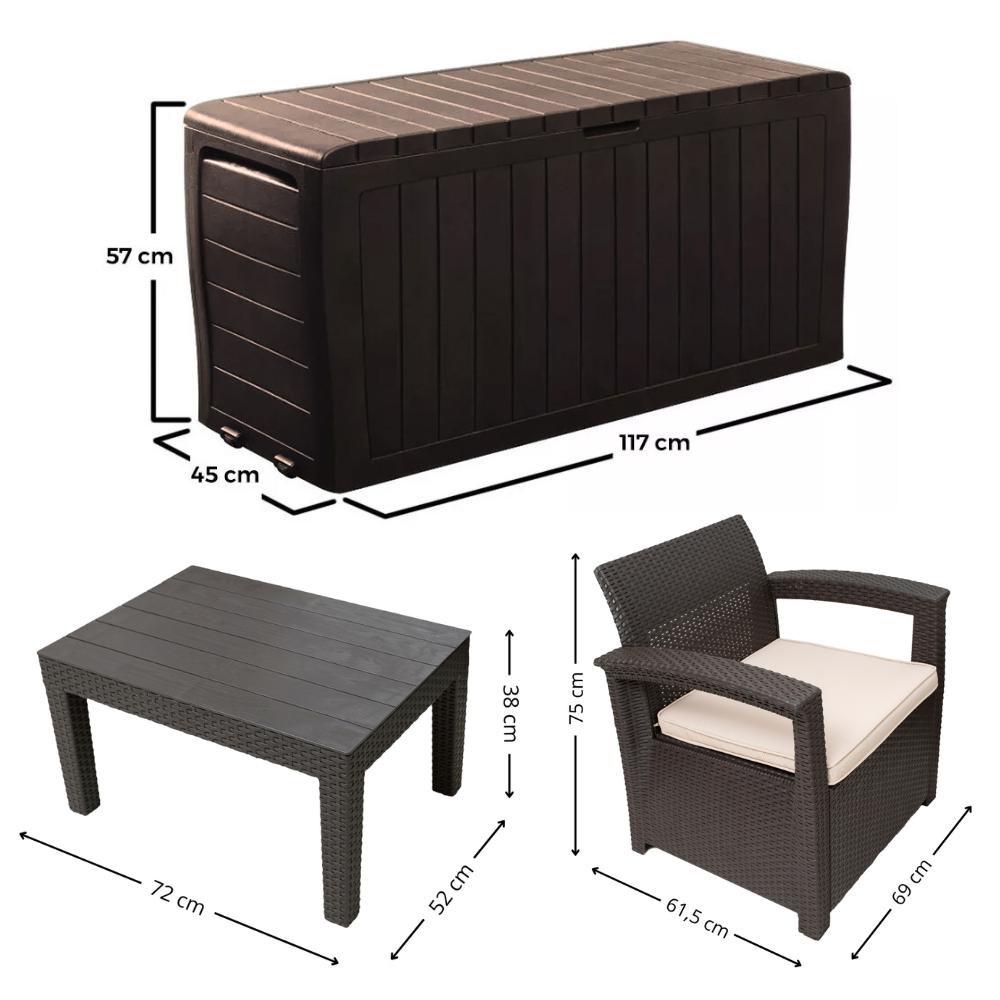 Conjunto Jogo Poltrona 2 Lugares Para Jardim Rattan Com Baú Organizador Syberflex