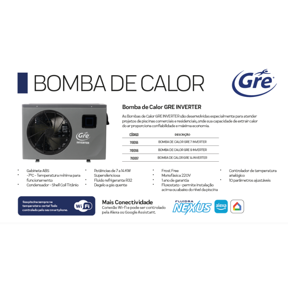 Bomba Trocador de Calor GRE9 Inverter 30.708 BTUS Aquecimento Piscinas até 53.000 Litros