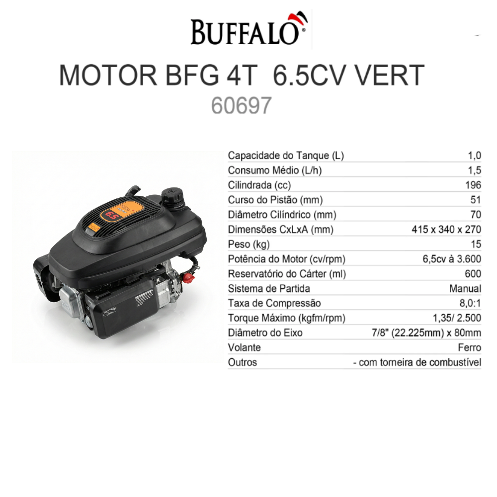 Motor Estacionário Gasolina Vertical BFG 6.5HP 4T Com Freio Motor Buffalo