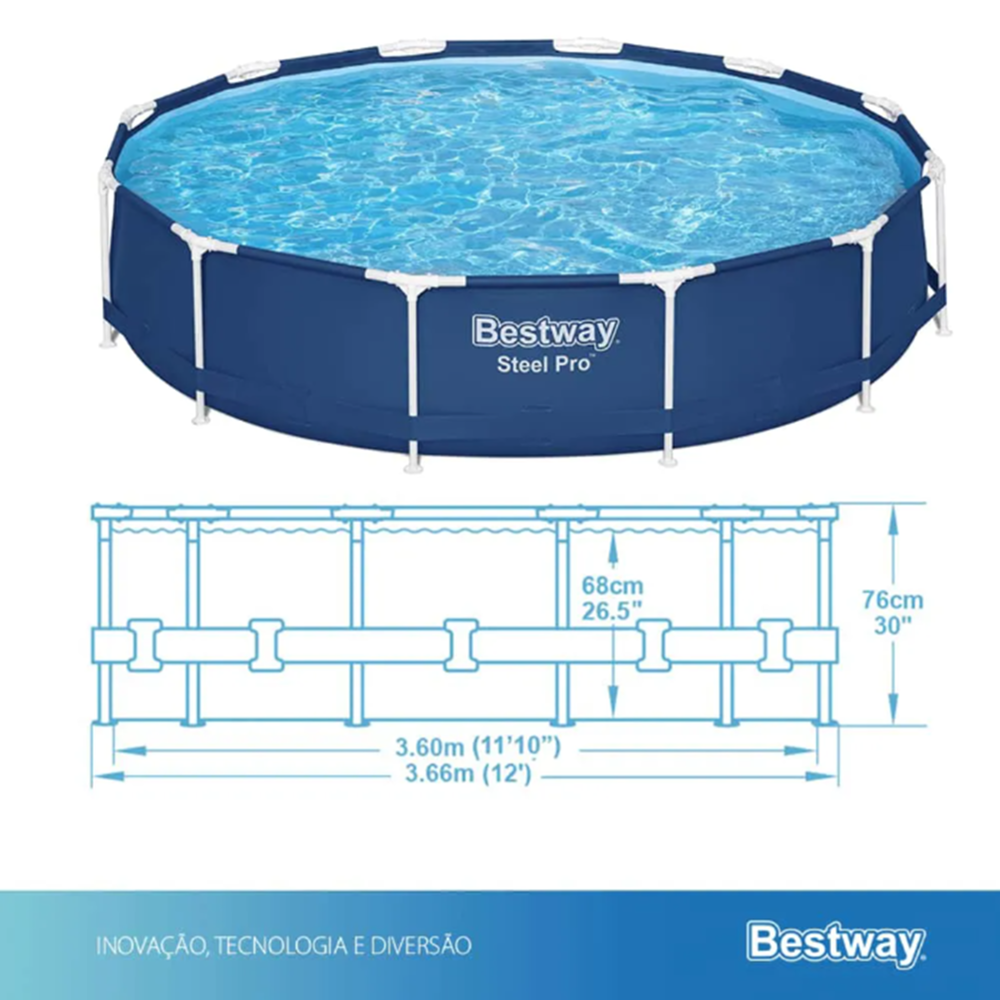 Piscina Grande Estruturada Bestway 6.473 Litros 3,66m Completo 4 em 1: Bomba Filtro + Capa + Forro