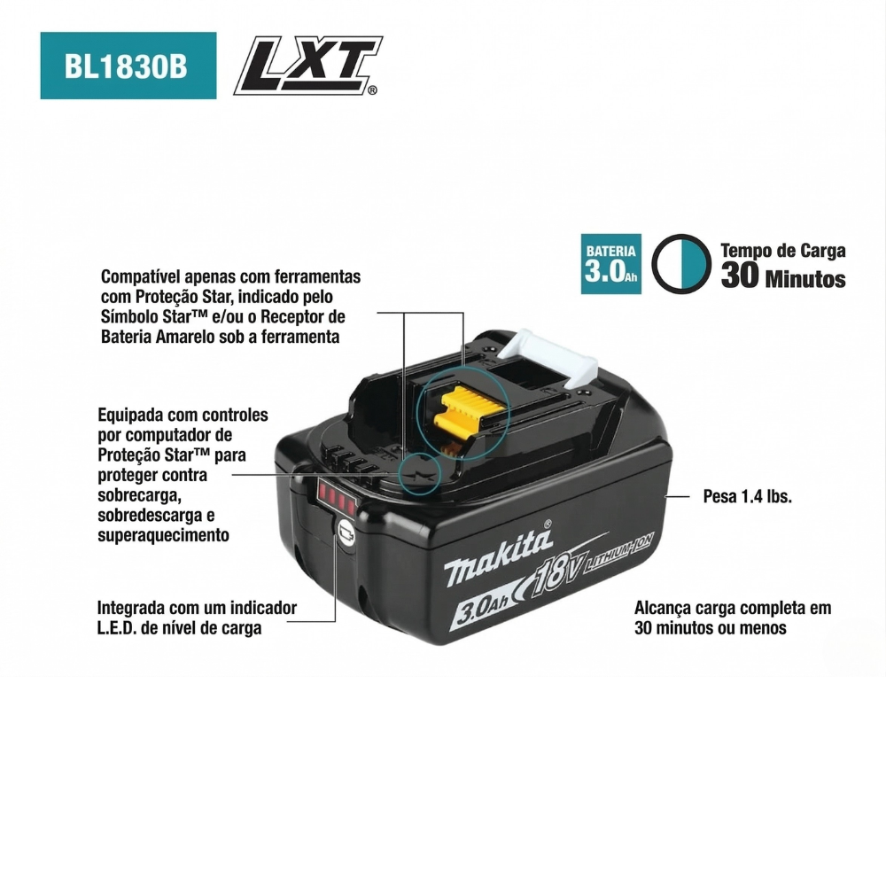 Bateria de Íons de Lítio 18V 3.0Ah com Indicador LXT BL1830B Makita