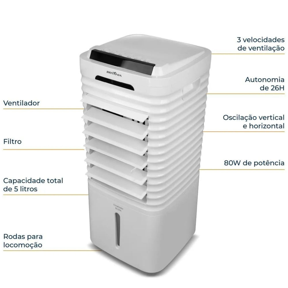 Climatizador de Ar Frio Portátil 5 Litros Britânia 4 em 1 BCL05A Autonomia de 26h Com Controle