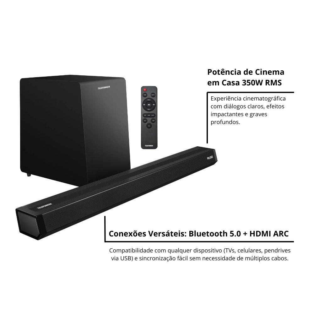 Soundbar Telefunken 2.1Caixa de Som Tv Home Theater C/subwoofer Bluetooth Som de Cinema Polaris 900