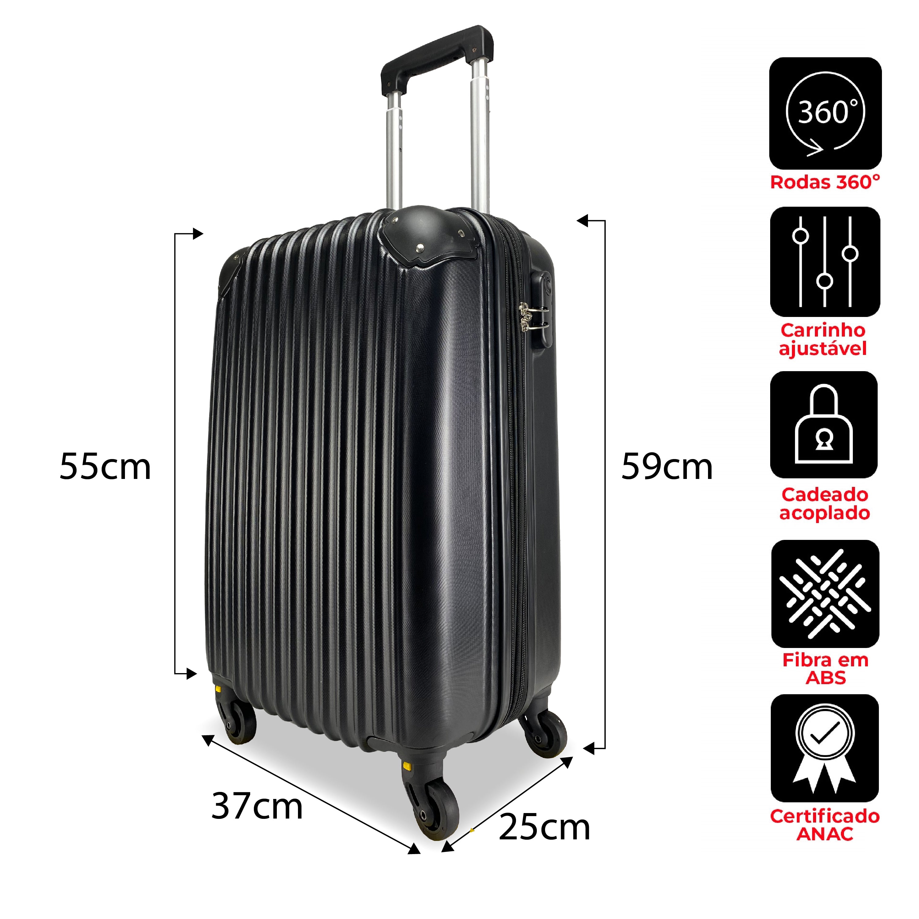 Mala de Viagem de Bordo Roda Giro 360 Grau Rígida Inglaterra 25x59x37cm Black