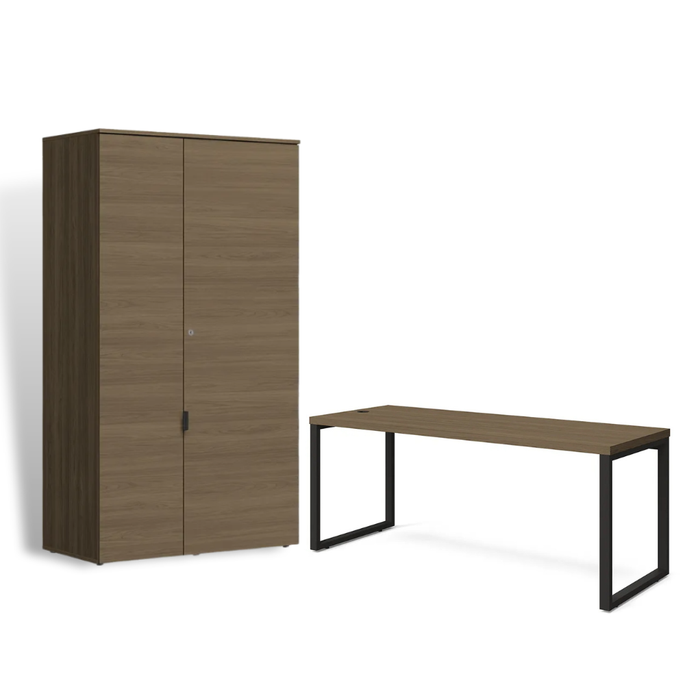Conjunto Mesa para Escritório Carvalho 1,90mt Mais Armário Alto 2 Portas Kappesberg